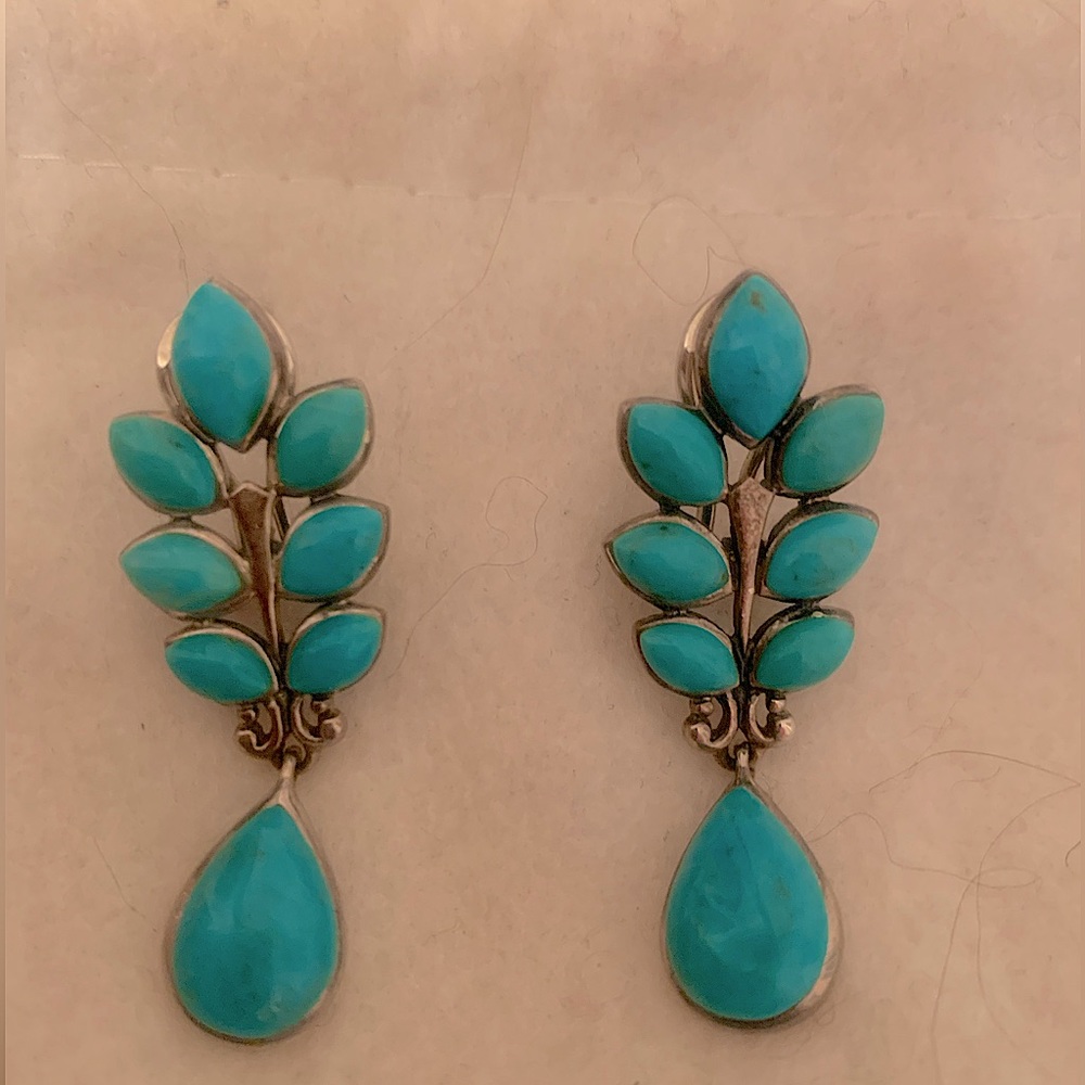 Ross-Simons Turquoise Leaf Drop Earrings Sterling  Silver Lever Back.